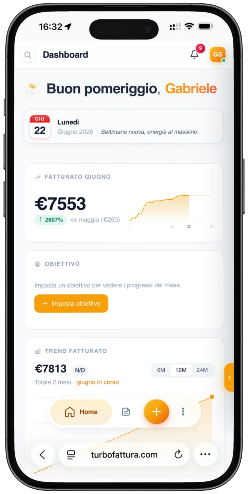 TurboFattura su iPhone: dashboard con fatture e incassi