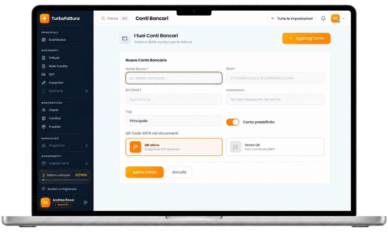 La sezione Conti Bancari di TurboFattura su MacBook: nuovo conto con IBAN, Conto predefinito e QR code SEPA nei documenti