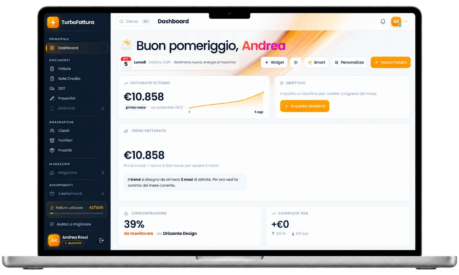 La dashboard di TurboFattura su MacBook: fatturato del mese, obiettivo, trend, concentrazione dei clienti e cashflow